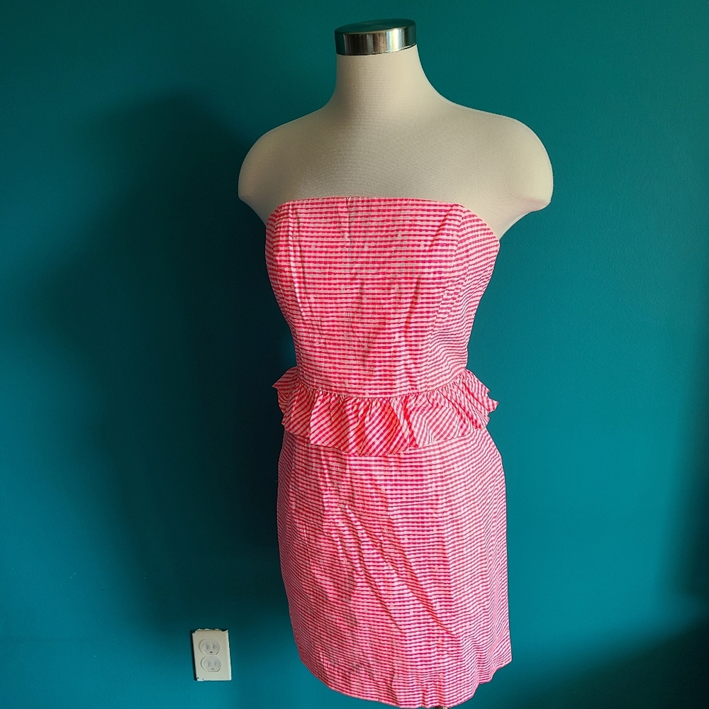 Lilly pulitzer pink neon peplum gingham strapless dress size 0